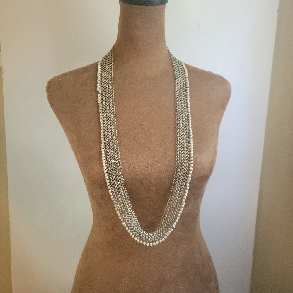 Silver Chainmail Mesh Long Necklace with Faux Pearl Trim 34 Inch Cottagecore